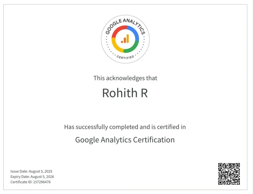 google analytics certificate of freelance digital marketer in alappuzha