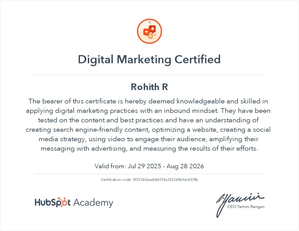 hubspot academy certificate of freelance digital marketer in alappuzha
